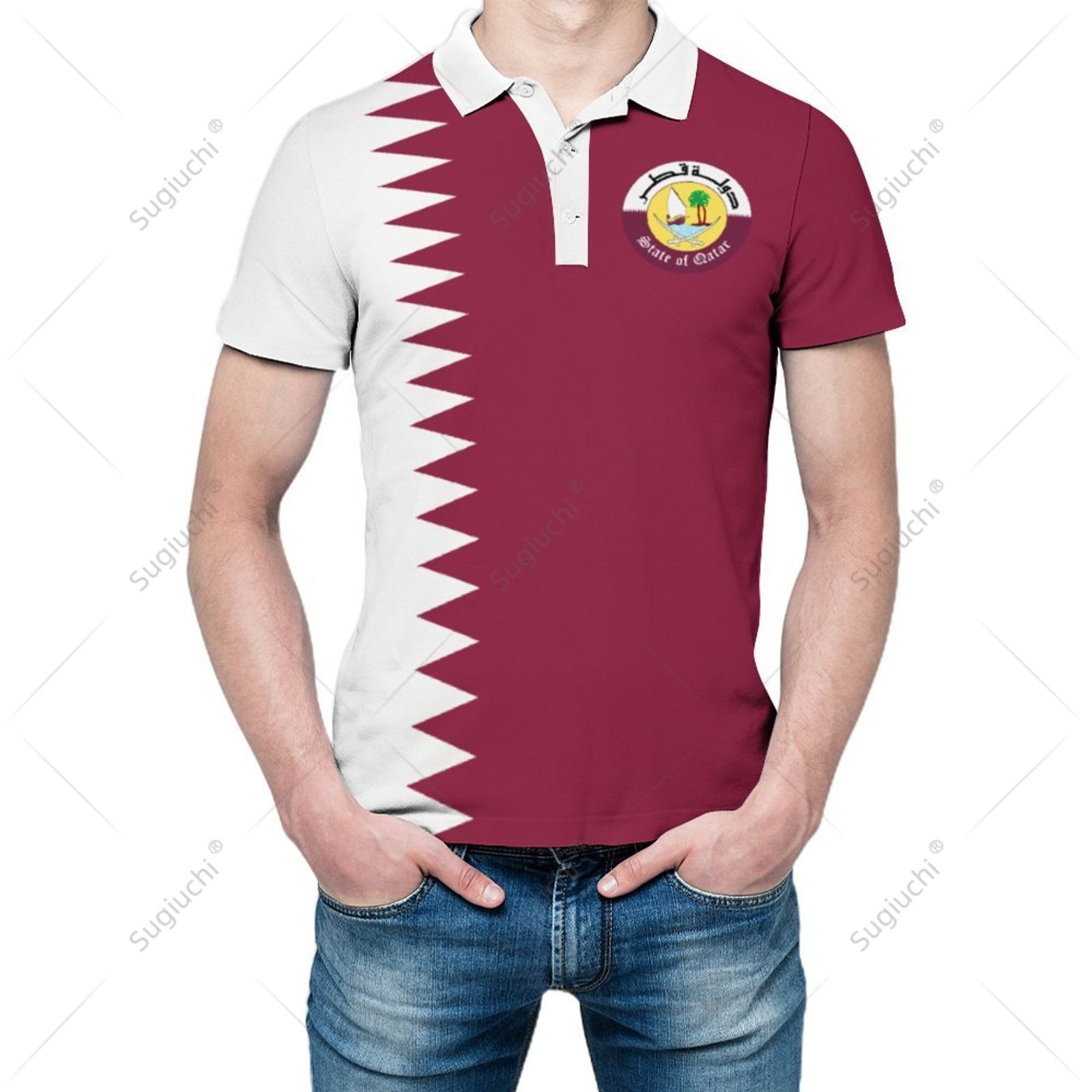 3D Printing Qatar - Unisex Poloshirt Katar-Flagge 3D-Druck Herren-Polo Modische